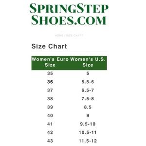 Spring Step and L'Artiste Shoe Size Chart
